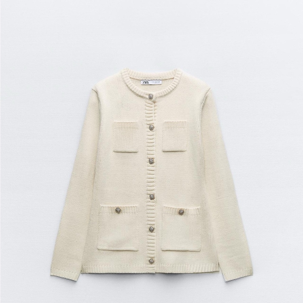 ZARA JEWEL BUTTON SHOULDER PAD KNIT CARDIGAN